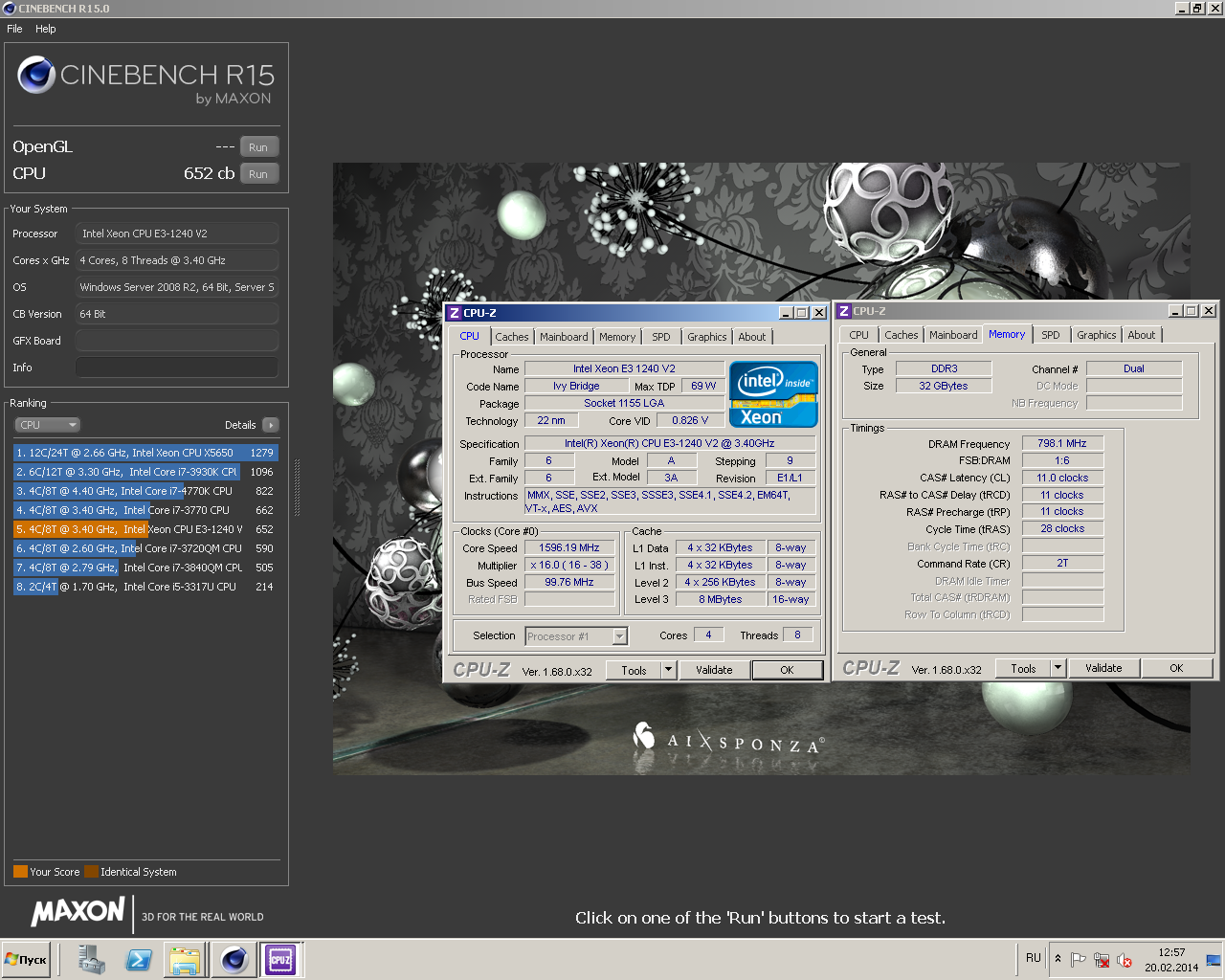 ZFeSS`s Cinebench - R15 score: 652 cb with a Xeon E3 1240 v2