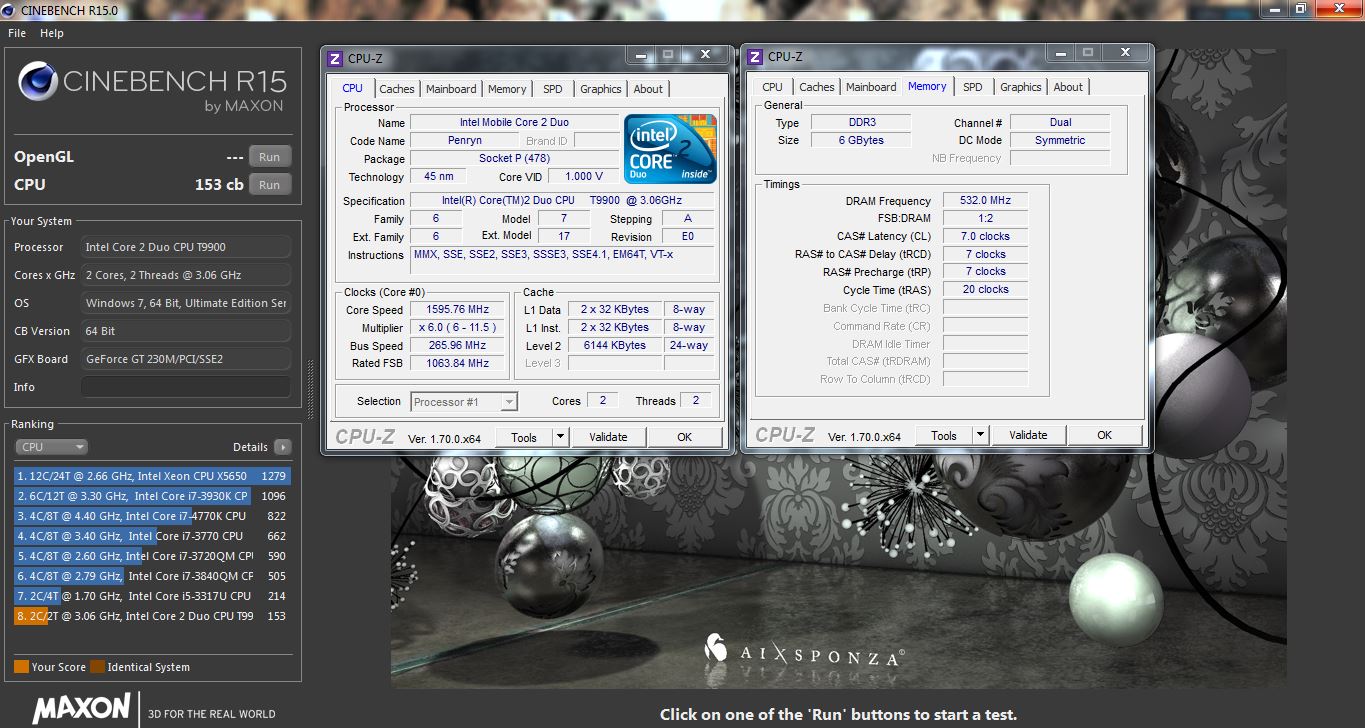 Game Theory`s Cinebench - R15 score: 153 cb with a Core 2 Duo T9900