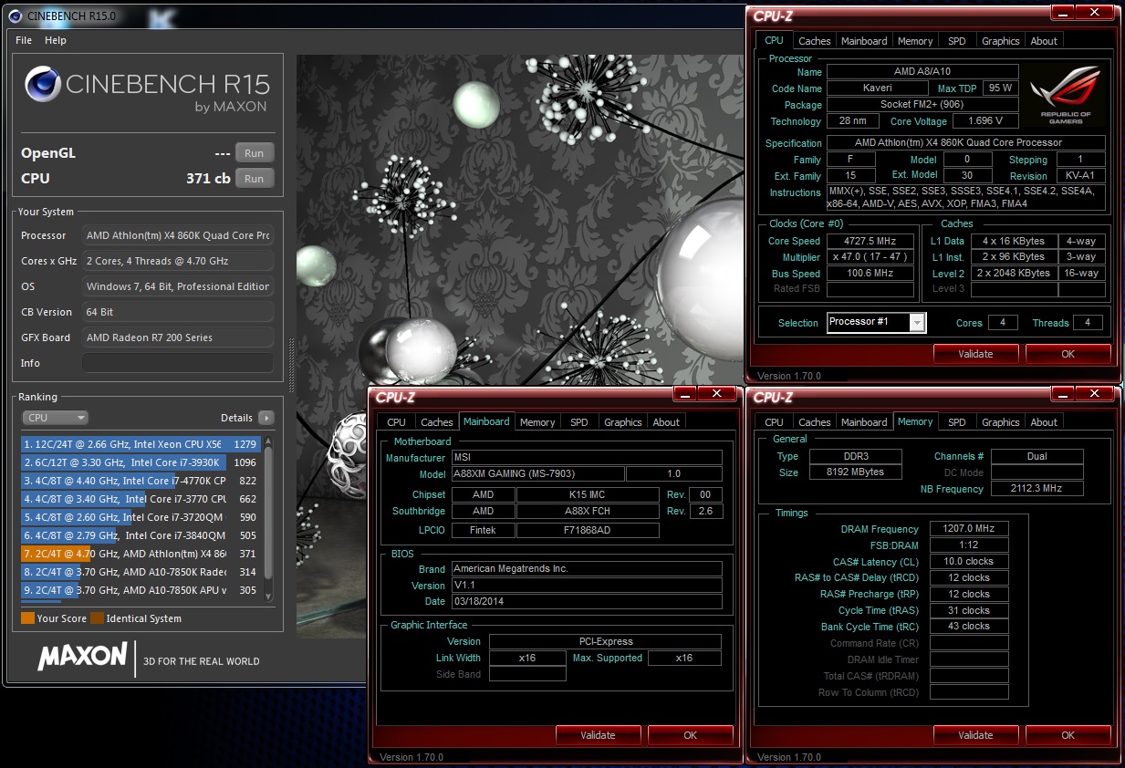 Lord_Darkstar`s Cinebench - R15 score: 371 cb with a Athlon X4 860K