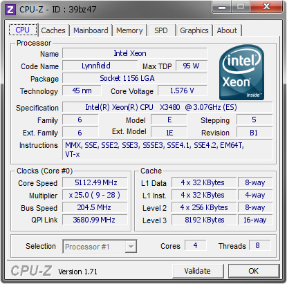 boblemagnifique`s CPU Frequency score: 5112.49 MHz with a Xeon X3480