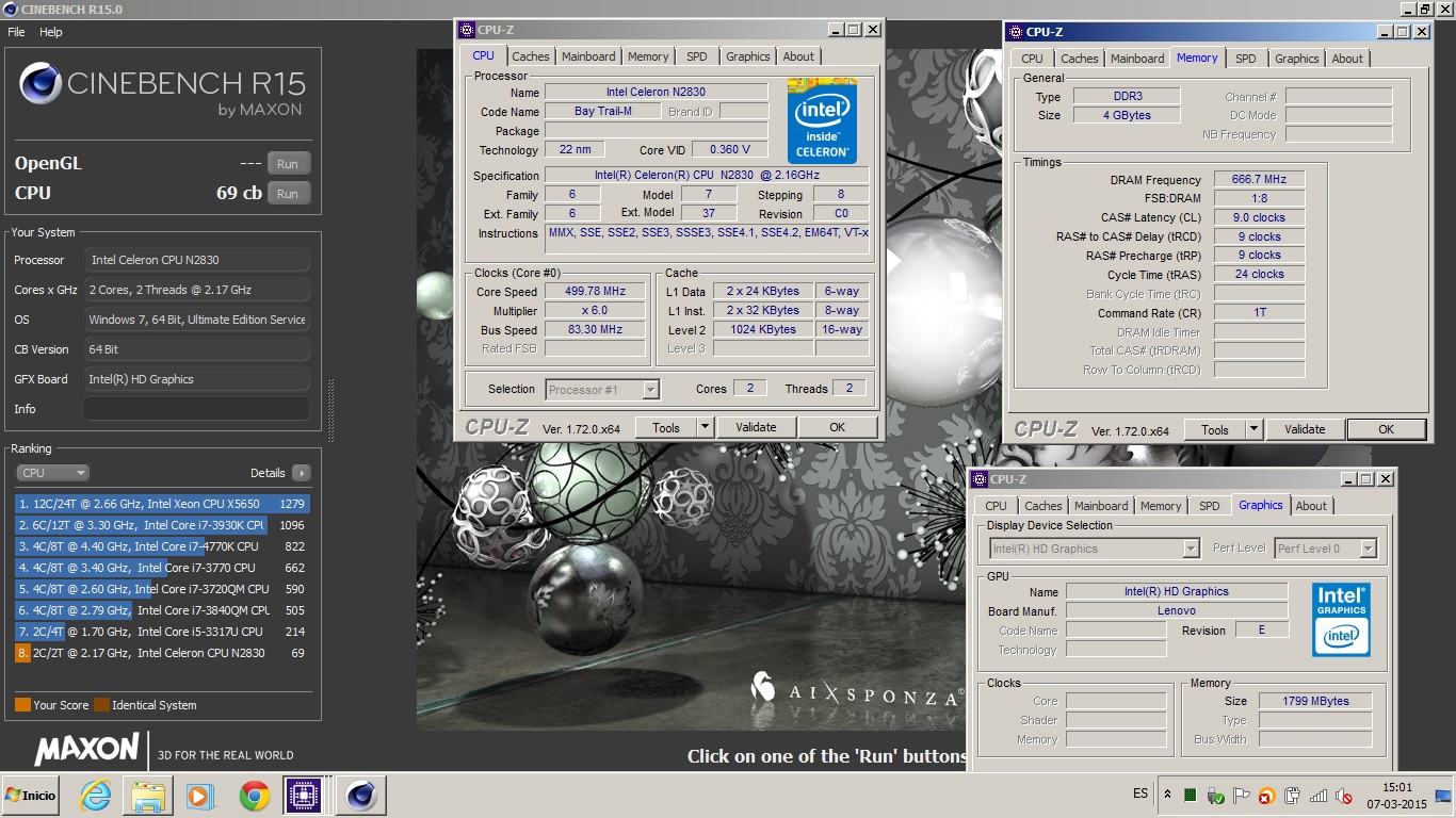 Blost`s Cinebench - R15 score: 69 cb with a Celeron N2830