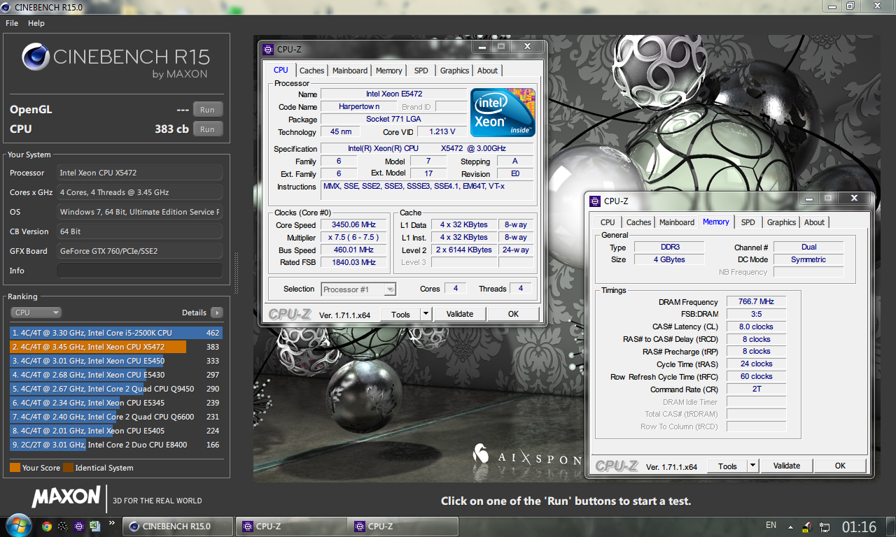 Emuler`s Cinebench - R15 score: 383 cb with a Xeon X5472