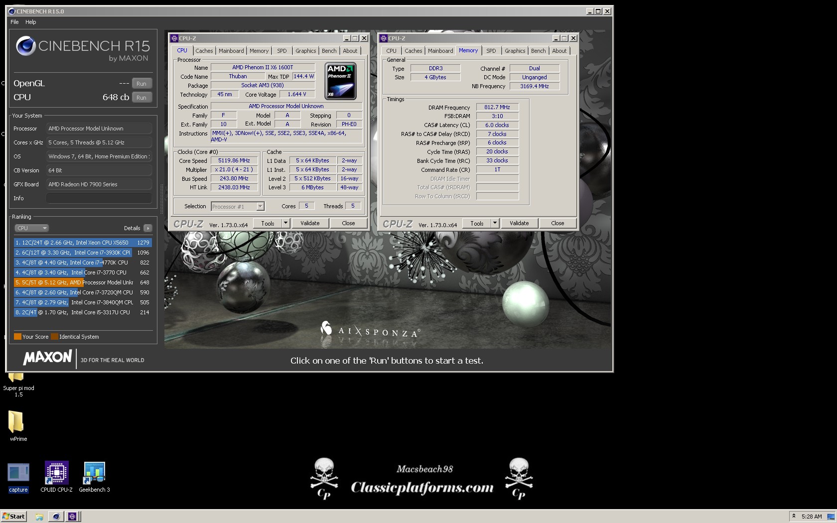 macsbeach98`s Cinebench - R15 score: 648 cb with a Phenom II X4 960T BE