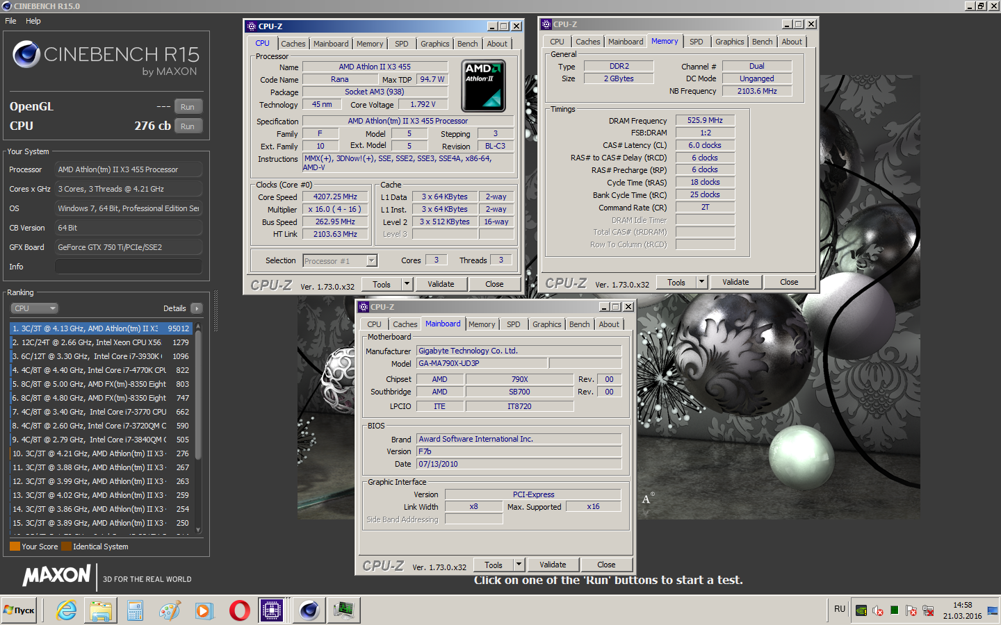 Spooky`s Cinebench - R15 score: 276 cb with a Athlon II X3 455
