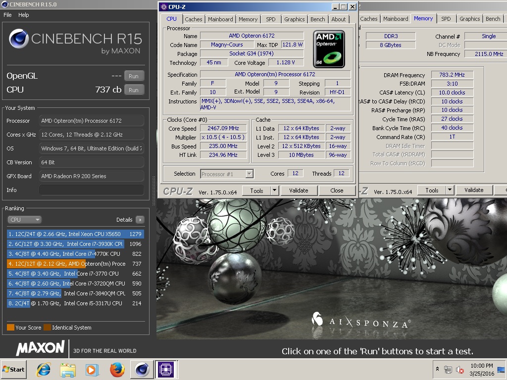 MrPaco`s Cinebench - R15 score: 737 cb with a Opteron 6172