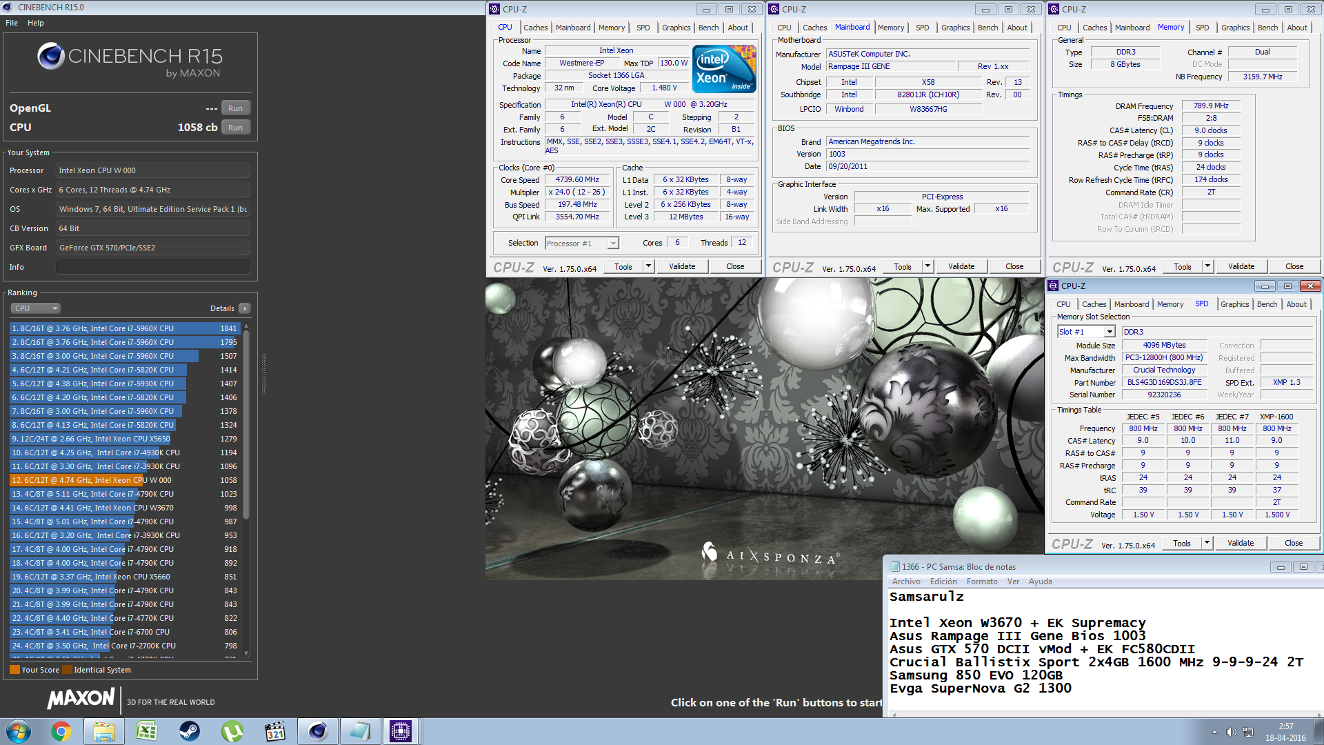 Samsarulz`s Cinebench - R15 score: 1058 cb with a Xeon W3670
