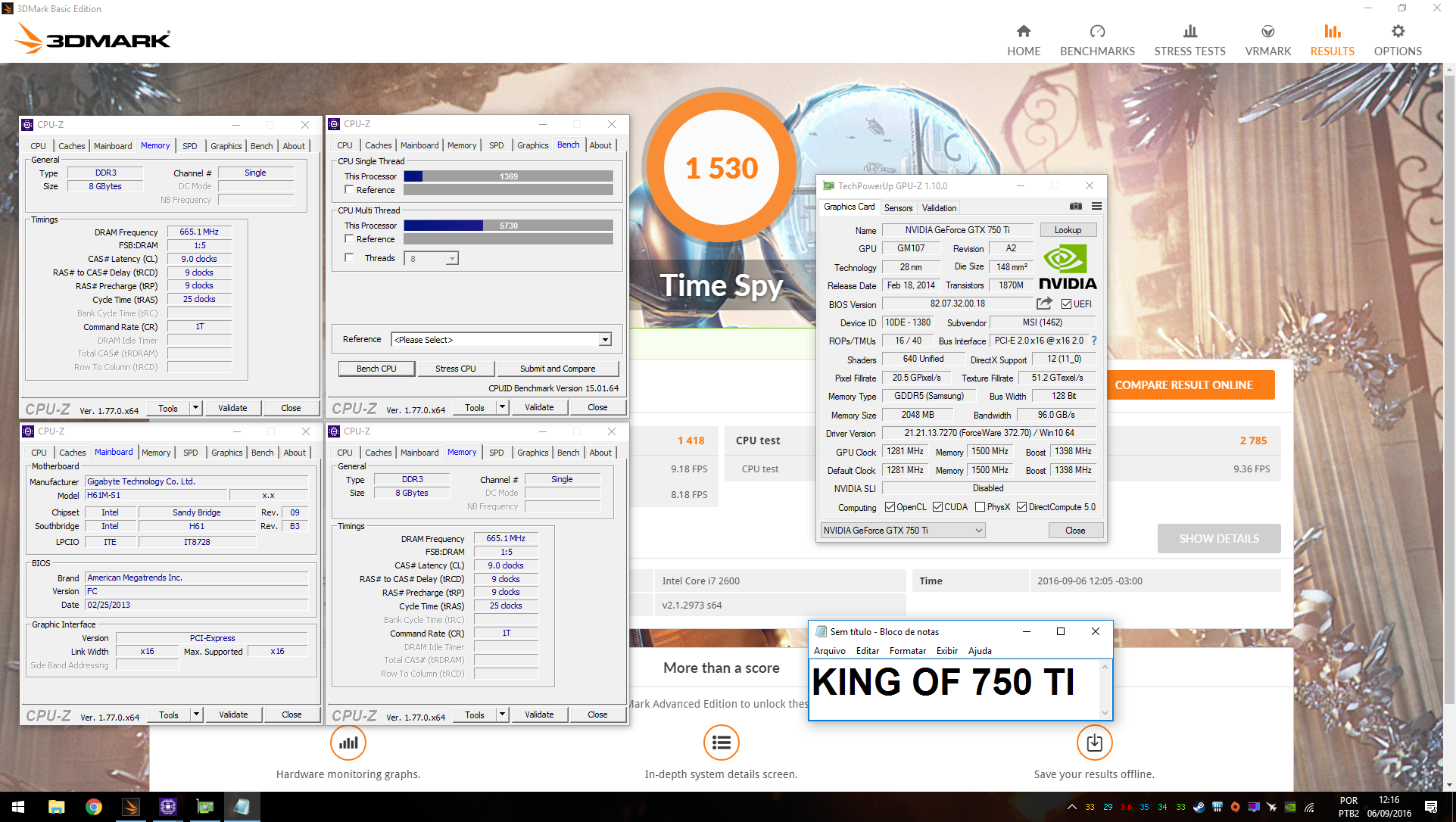 King Of 750 Ti`s 3DMark - Time Spy score: 1530 marks with a GeForce GTX 750  Ti