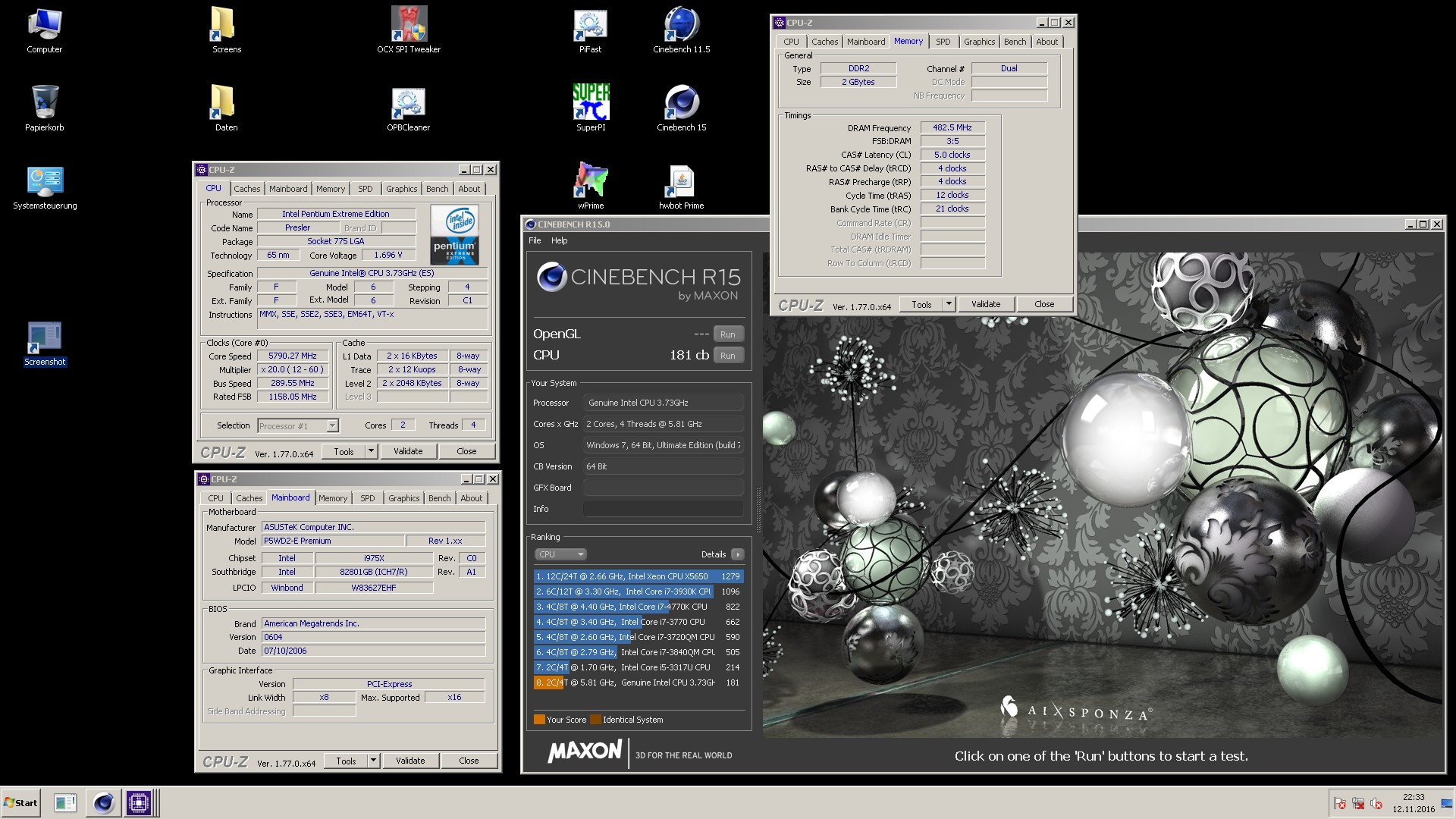 BenchBrothers.de`s Cinebench - R15 score: 181 cb with a Pentium Extreme  Edition 965