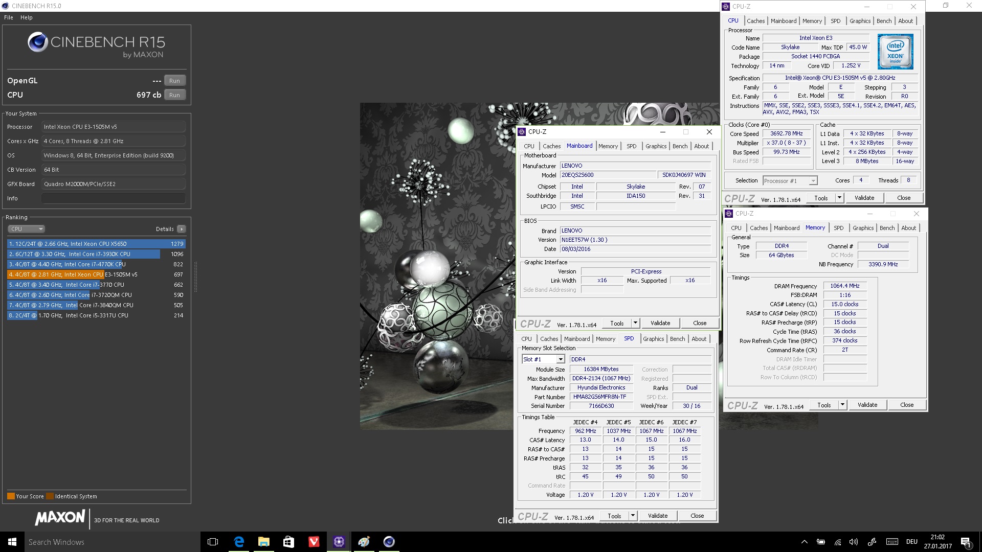 M4TR1Z`s Cinebench - R15 score: 697 cb with a Xeon E3 1505M v5