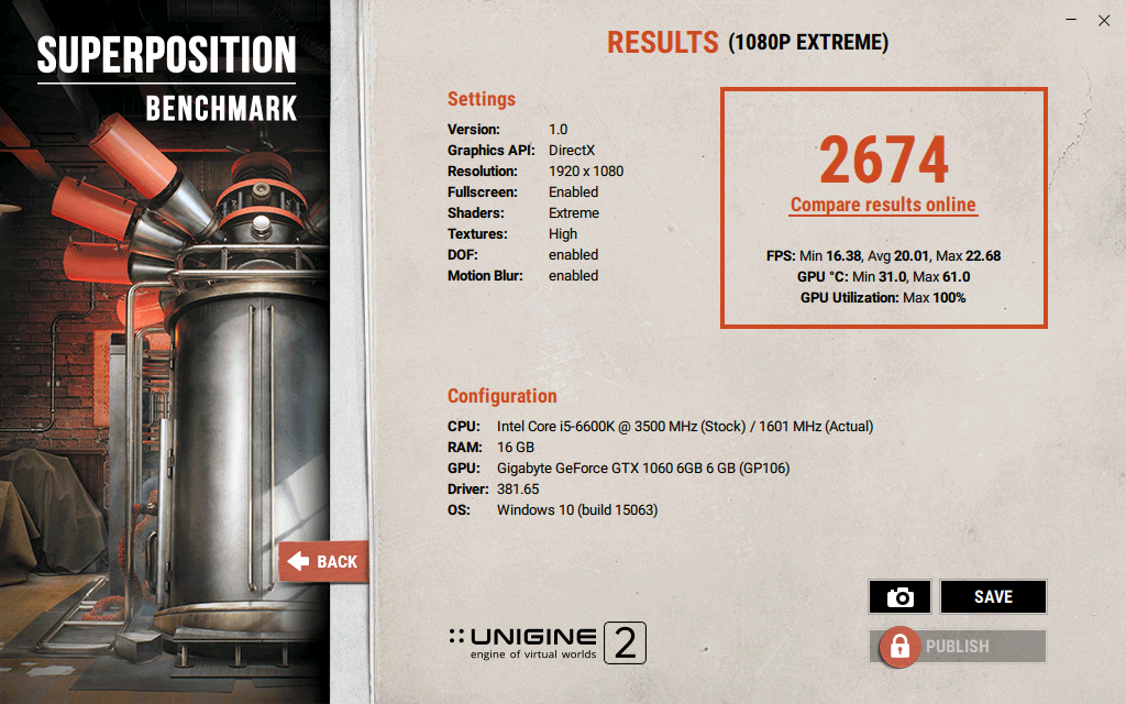 elpokor`s Unigine Superposition - 1080P Xtreme score: 2674 points with a  GeForce GTX 1060 6 GB (GP106)