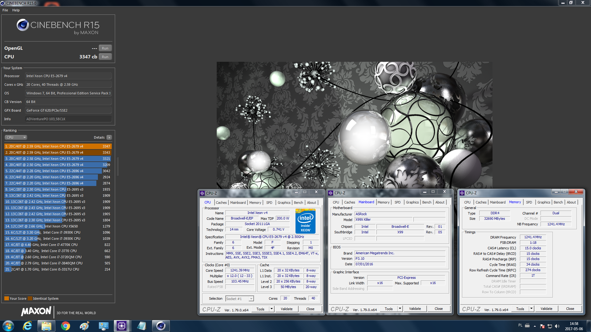 ADVenturePO`s Cinebench - R15 score: 3347 cb with a Xeon E5 2679 v4