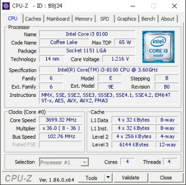 systemviper`s CPU Frequency score: 3699.32 MHz with a Core i3 8100