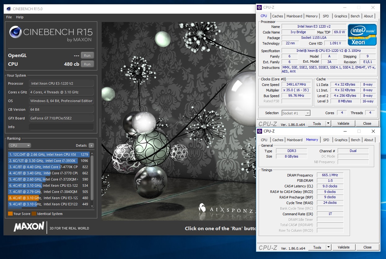 PCTwin`s Cinebench - R15 score: 480 cb with a Xeon E3 1220 v2