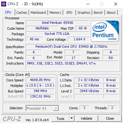 nalex7752`s CPU Frequency score: 4698.05 MHz with a Pentium E5400