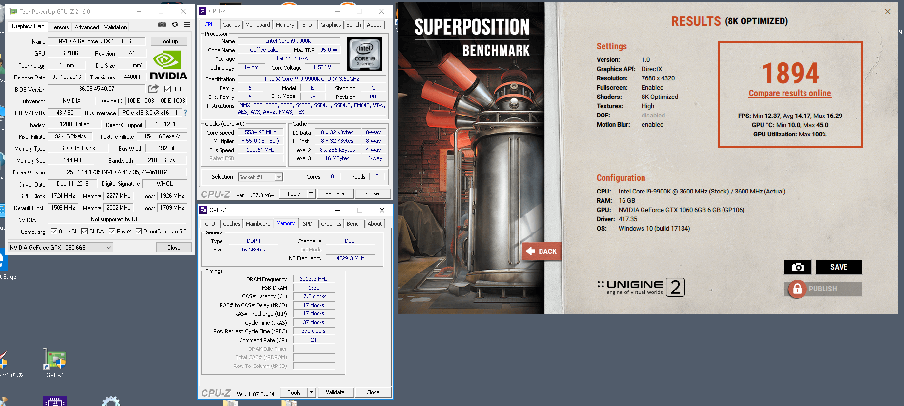 OVIZ Hardware Lab`s Unigine Superposition - 8K Optimized score: 1894 points  with a GeForce GTX 1060 6 GB (GP106)