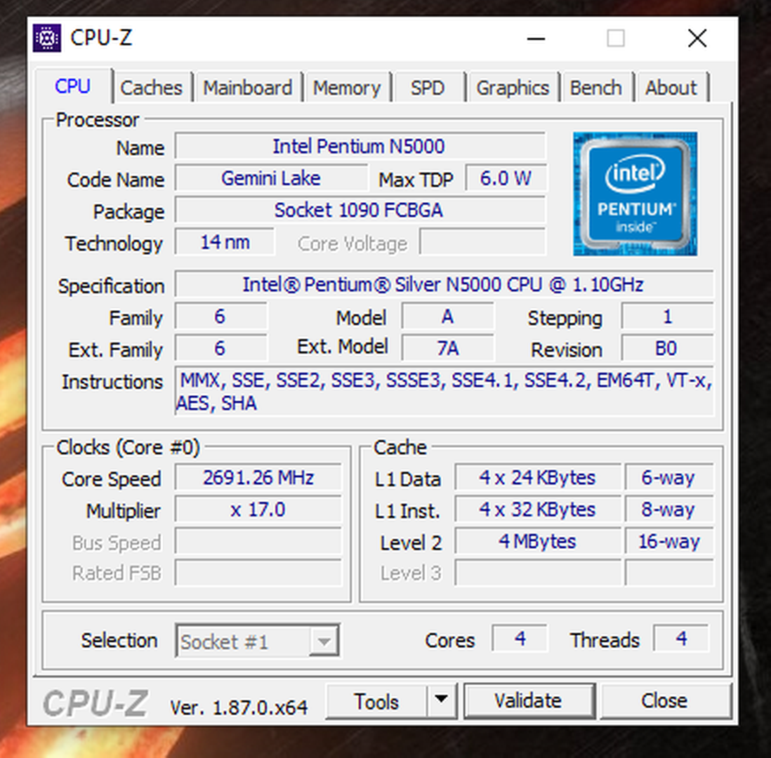 Vulkanisch visueel lava FEU`s CPU Frequency score: 2691.26 MHz with a Pentium Silver N5000