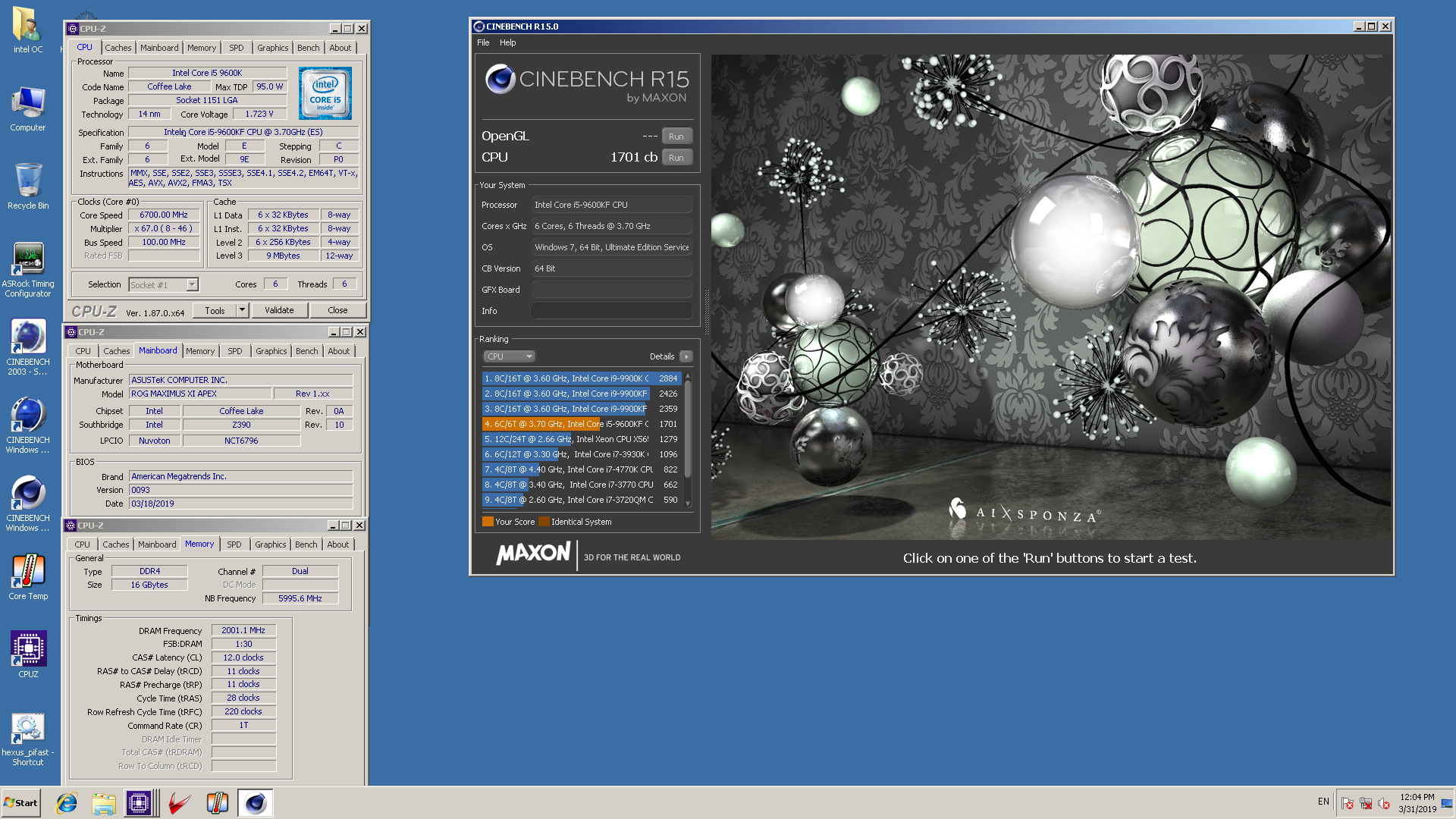 noppon1412`s Cinebench - R15 score: 1701 cb with a Core i5 9600KF