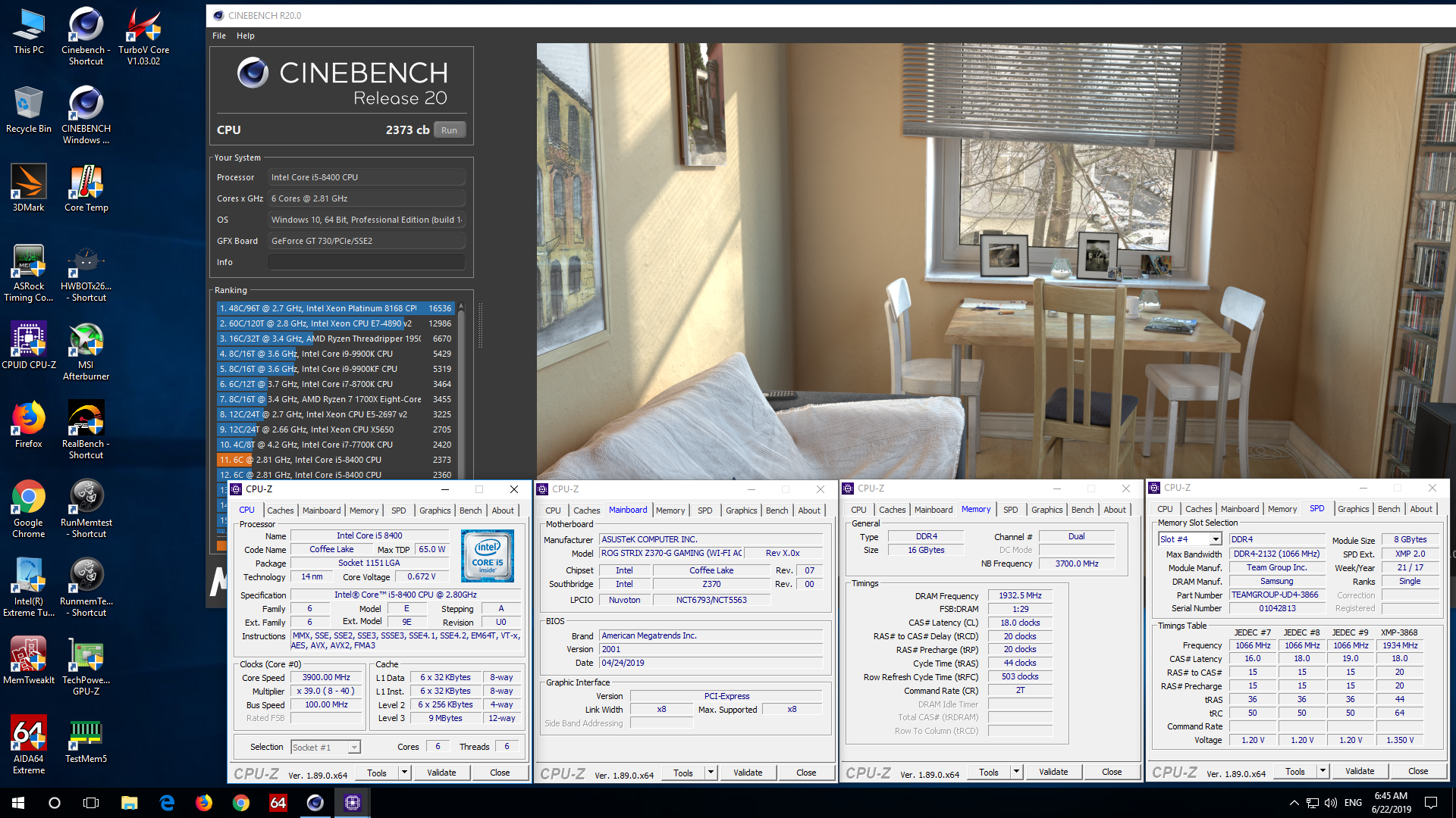 sornning`s Cinebench - R20 score: 2373 cb with a Core i5 8400