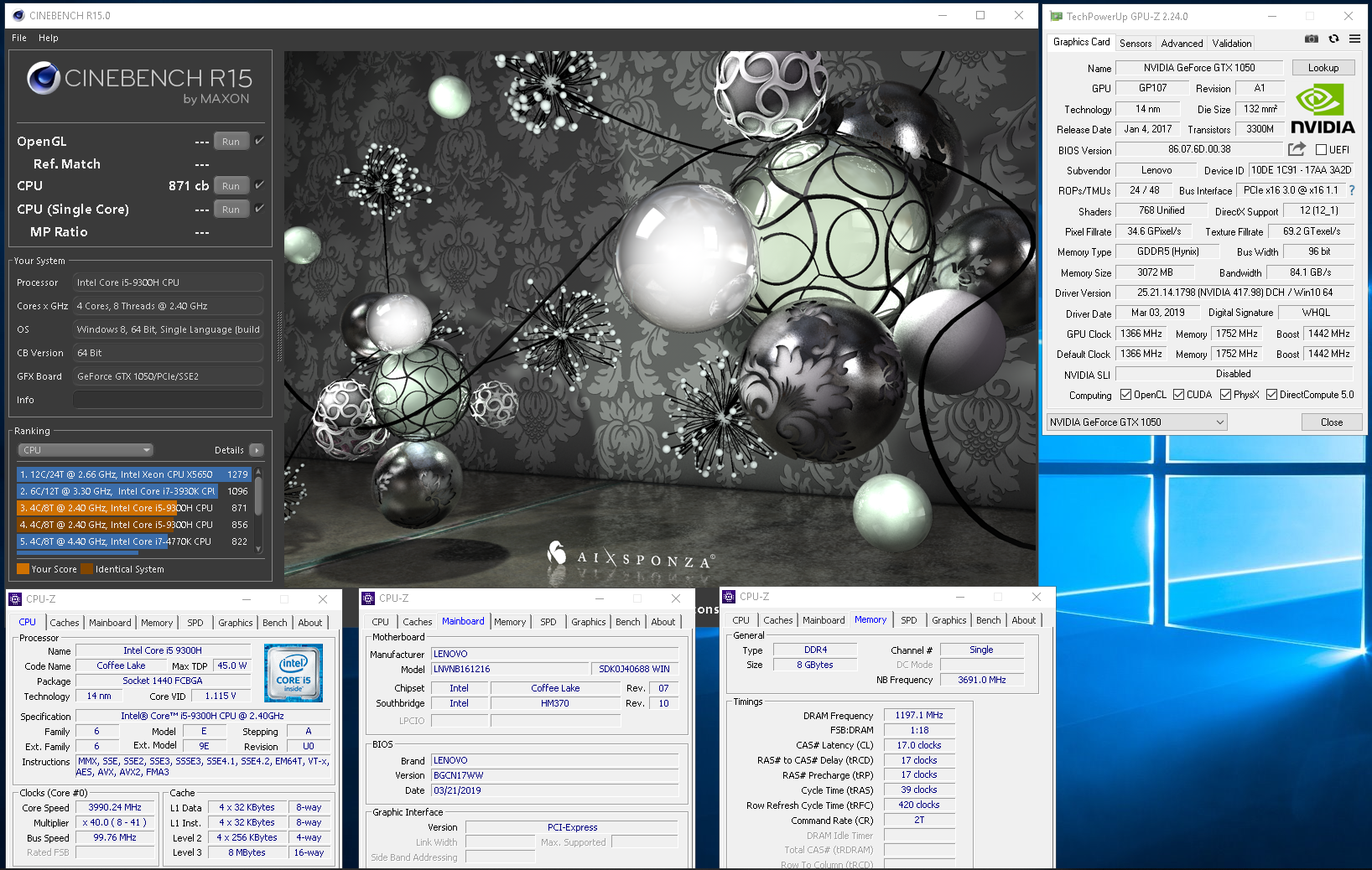 sweepersc`s Cinebench - R15 score: 871 cb with a Core i5 9300H