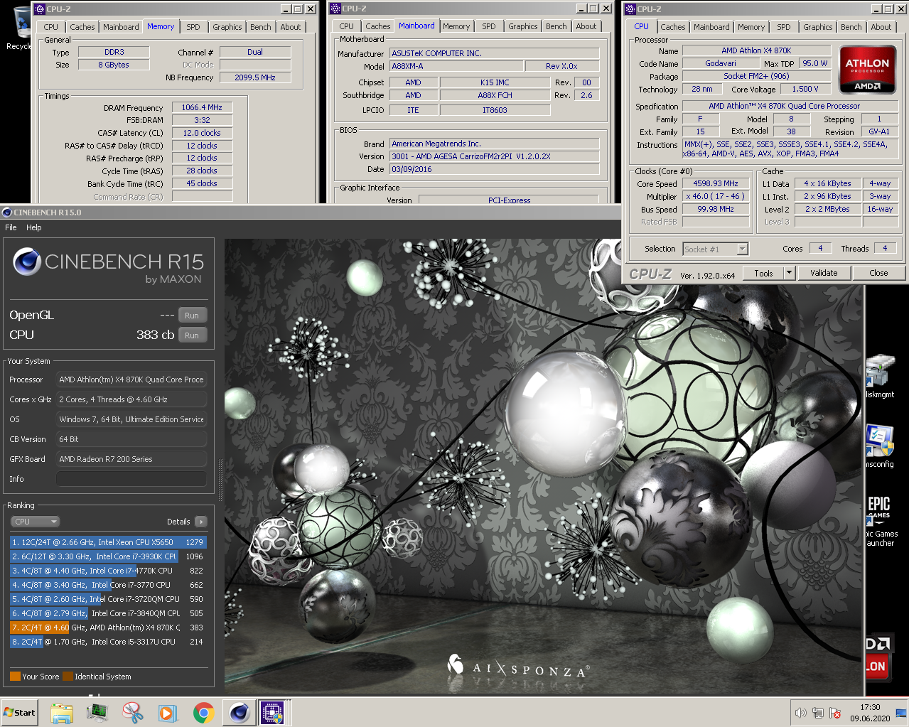 Sparco_16`s Cinebench - R15 score: 383 cb with a Athlon X4 870K