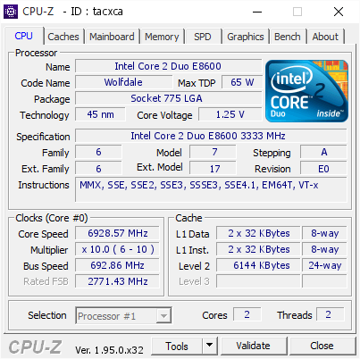 wytiwx`s CPU Frequency score: 6928.57 MHz with a Core 2 Duo E8600