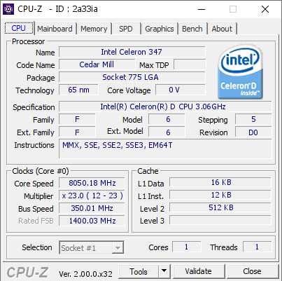crystalright`s CPU Frequency score: 8050.18 MHz with a Celeron D 347