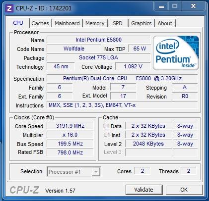 Niel`s CPU Frequency score: 3191.9 MHz with a Pentium E5800