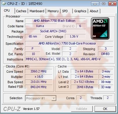 P3g45u5`s CPU Frequency score: 3360.16 MHz with a Athlon X2 7750 BE