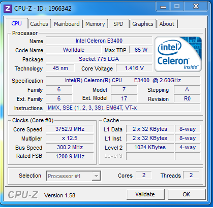 dasparx`s CPU Frequency score: 3752.92 MHz with a Celeron E3400