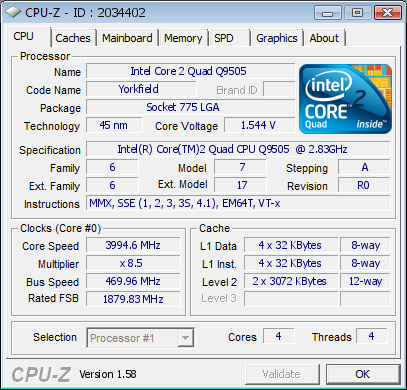 hojnikb`s CPU Frequency score: 3994.64 MHz with a Core 2 Quad Q9505