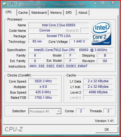 golrado`s CPU Frequency score: 3825 MHz with a Core 2 Duo E6850