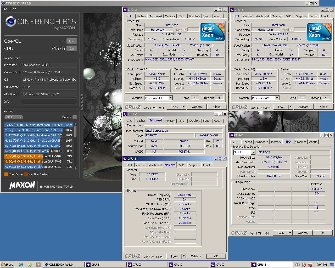 pasatoiutd`s Cinebench - R15 score: 715 cb with a Xeon X5482