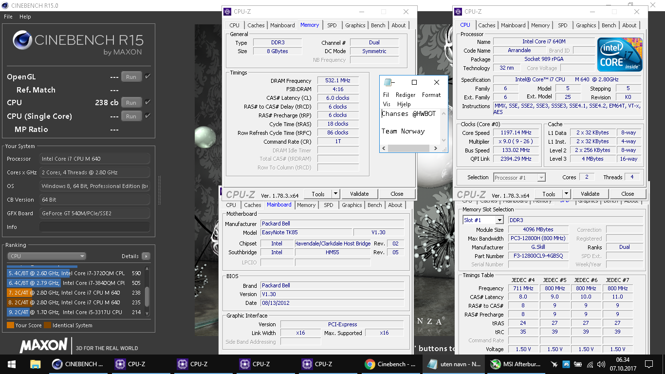 Chanses`s Cinebench - R15 score: 238 cb with a Core i7 640M